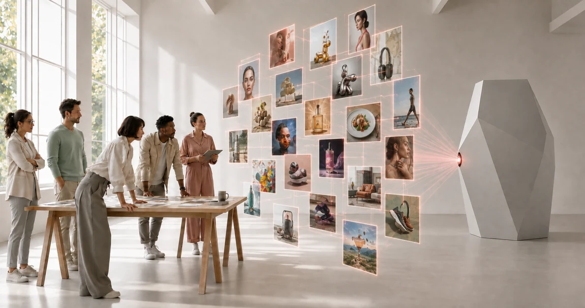 A multidisciplinary creative agency team facing an abstract AI system across a shared production workflow