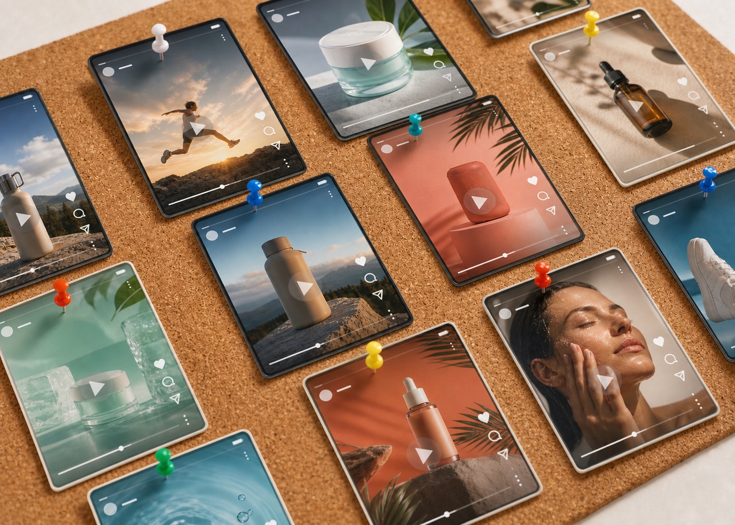 Vertical video ad concepts with playback and social controls pinned to a corkboard for creative testing