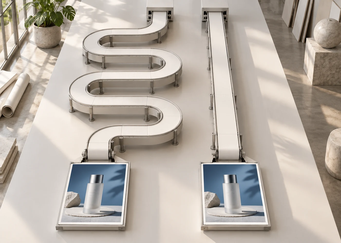 Two identical production conveyors reach the same finished product image, one through three large loops and the other by a direct route