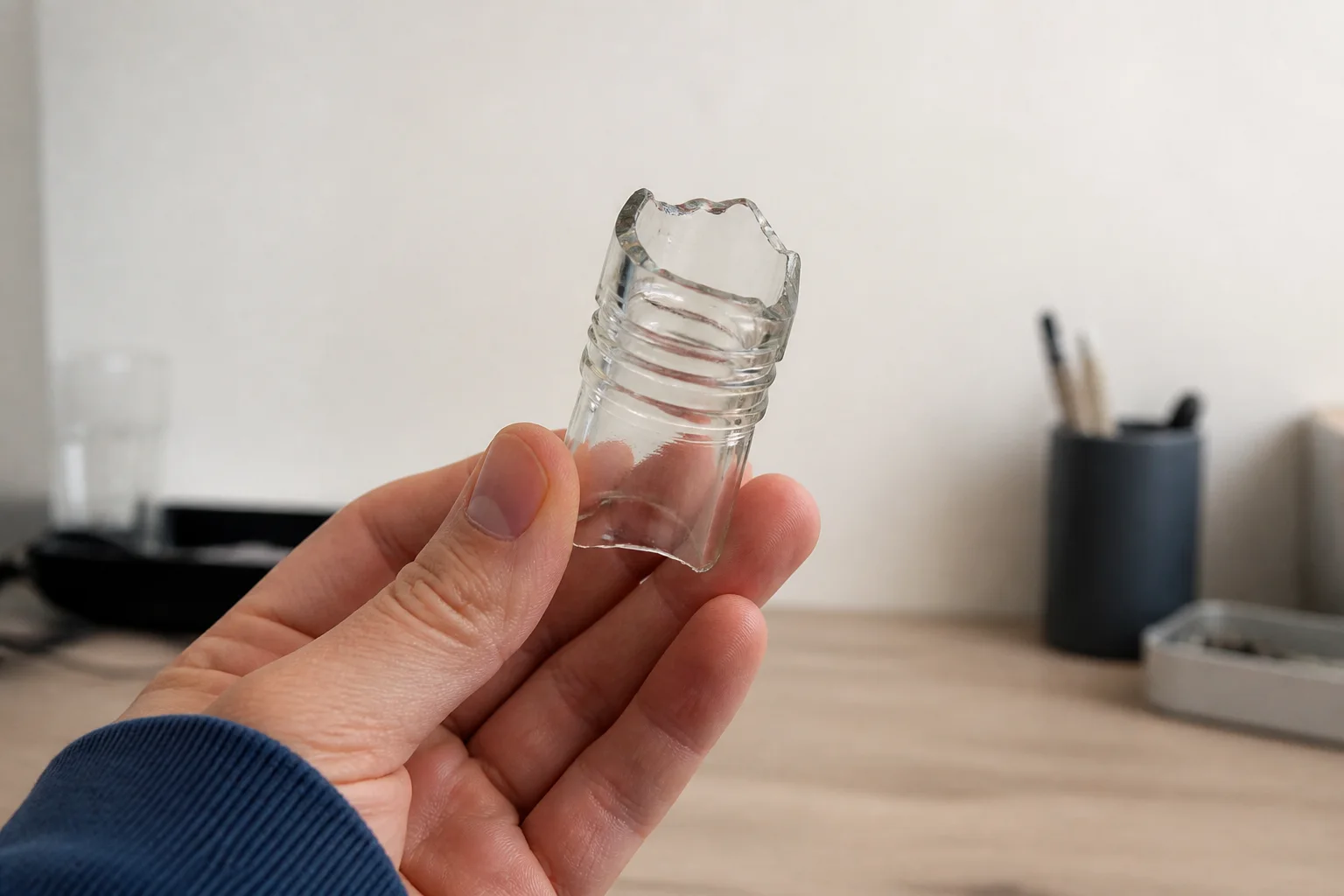 A hand carefully holding the broken neck of a glass bottle