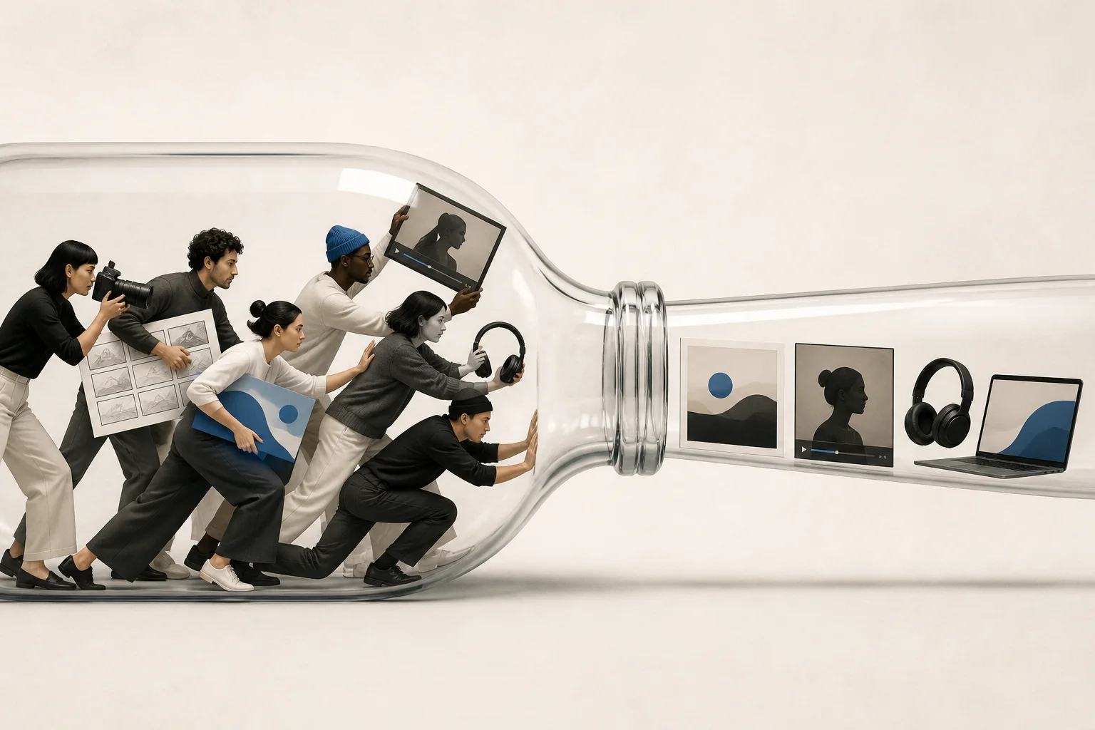 Creative professionals carrying production assets toward the narrow neck of a glass bottle